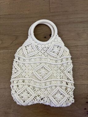 AERIE Handcrafted Cream Macramé Tote Bag with Round Handles